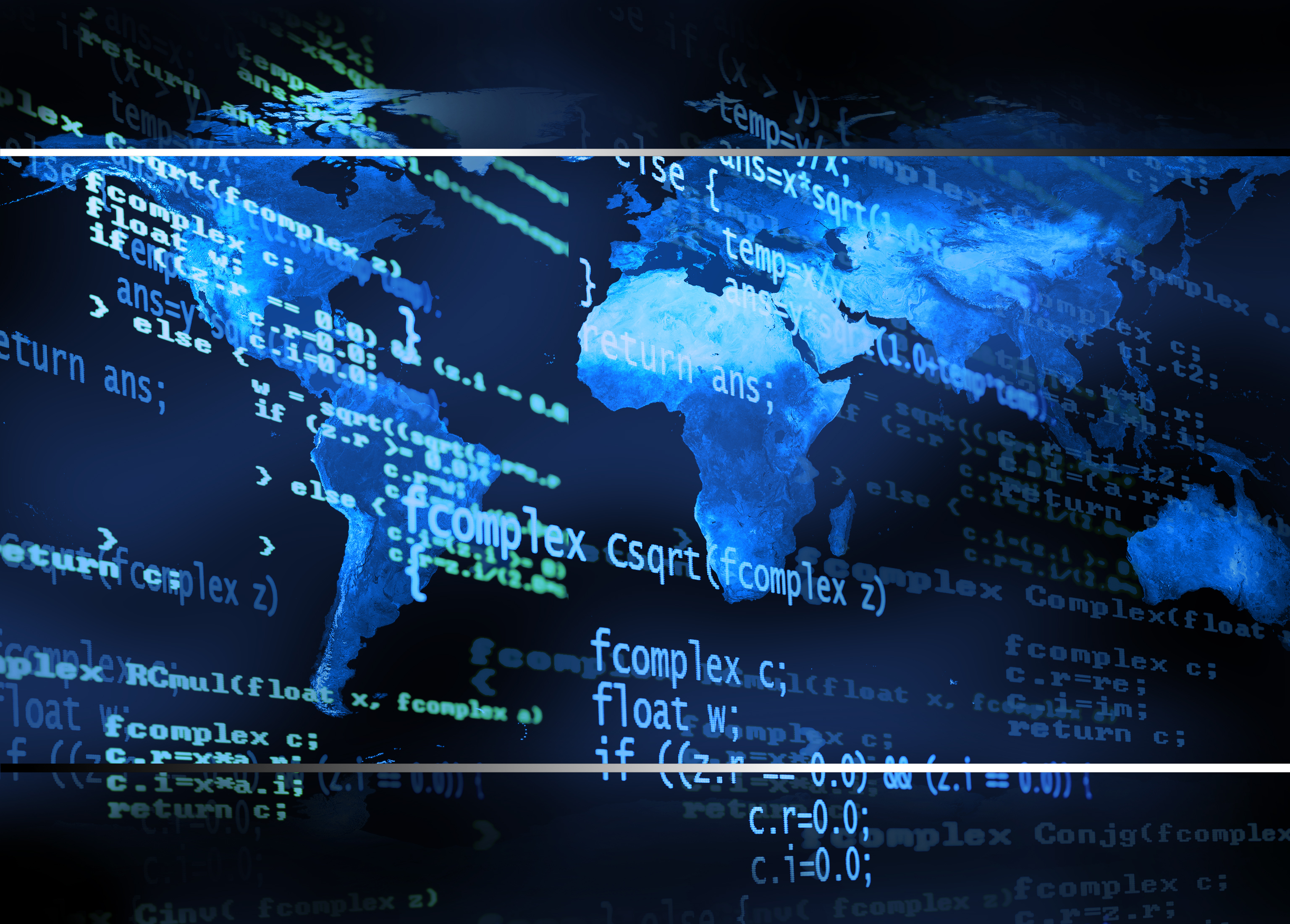 Digitally generated background representing a digital code  with a world map.